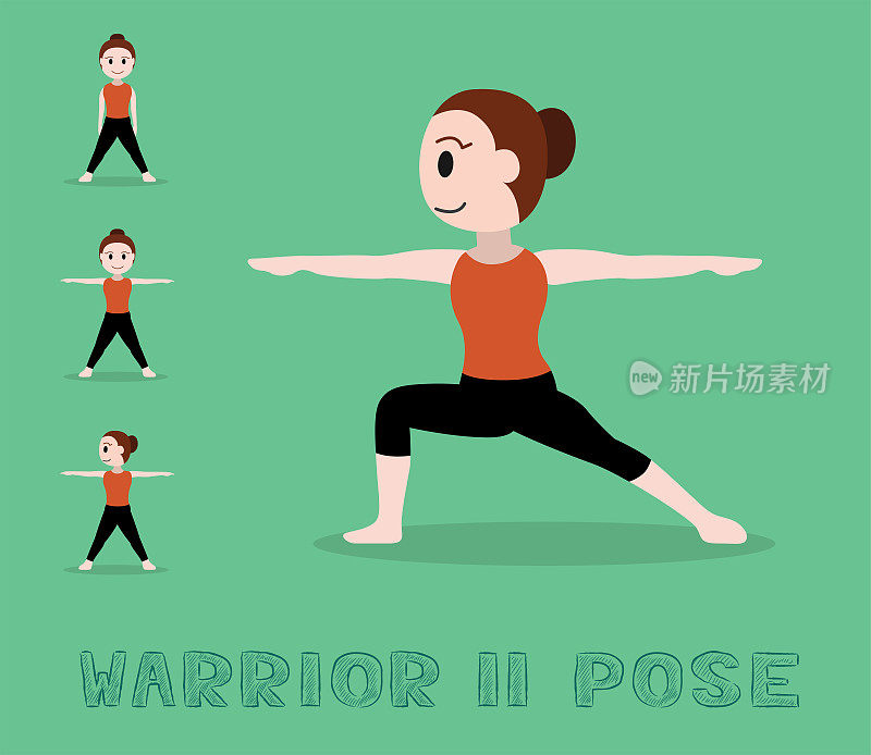 瑜伽教程战士II Pose可爱的卡通矢量插图
